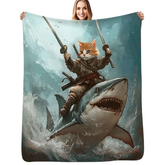 Cat Samurai Riding Shark Flannel Blankets Soft Throw Blanket Winter Travel Office Outdoor Bedspread