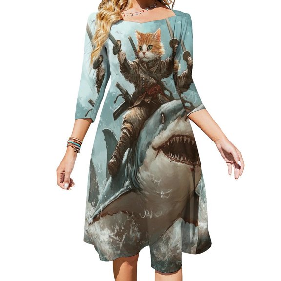 Cat Samurai Riding Shark Flare Dress Square Neck Dress Elegant Female Fashion Printed Dress