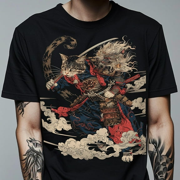 Cat Samurai Tshirt - Japanese Art Nouveau Graphic Shirt