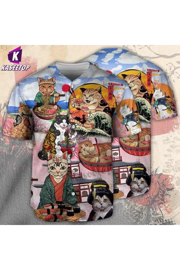 Cat Samurai With Ramen Lovely Men 3D Print Baseball Jersey Shirt Adult Summer Tee Shirt Me