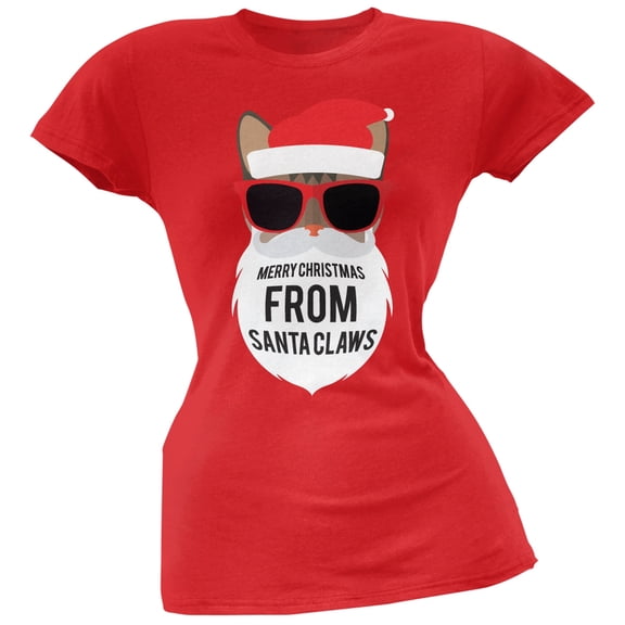 Cat Santa Ugly Christmas Sweater Juniors Red T-Shirt