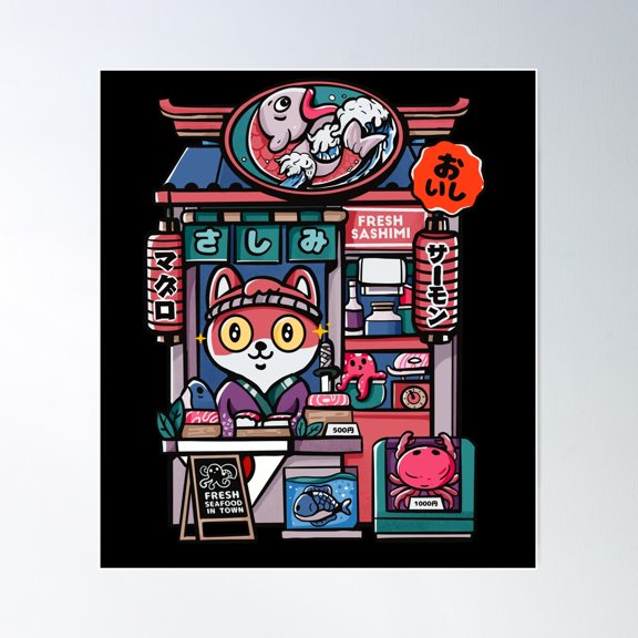Cat Sashimi Stall Poster Wall Art, Modern Wall Decor For Living Room Bedroom, 24x36 UNFRAMED