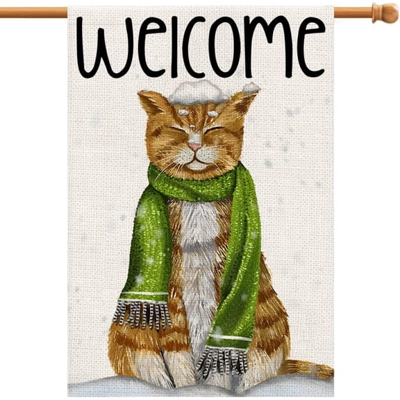 Cat Scarf Winter House Flag 12x18 Inch Vertical Double Sided Burlap, Welcome Sign Holiday Christmas Yard Outdoor Decoration DF150-28
