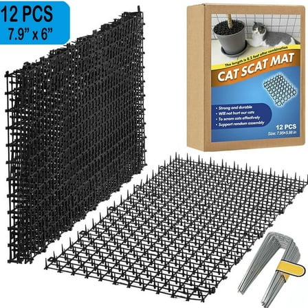 Cat Scat Mat 7.9 X 6 Inches (Set of 12) - Keep Cats Out of Yard Permanently - Scat Mat for Cats- Spike Mat with 8 U-shaped Nail