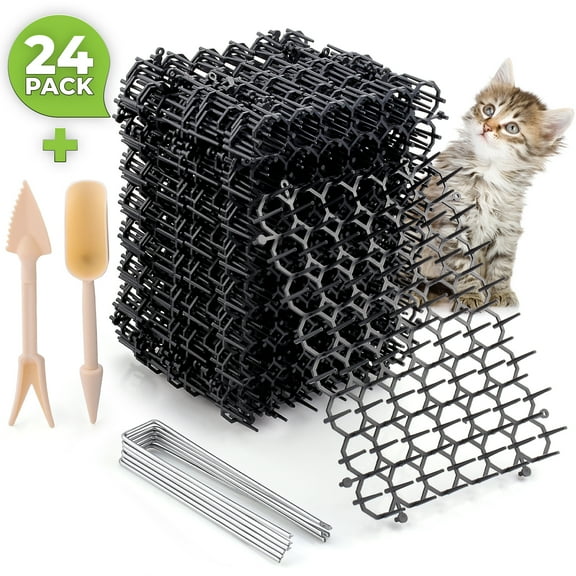 Cat Scat Spike Strips (24Pack), Effective, Non-Invasive and Safe, Easy to Install, Includes 6 Garden Pegs, 12 Zip Ties and 2 Gardening Tools