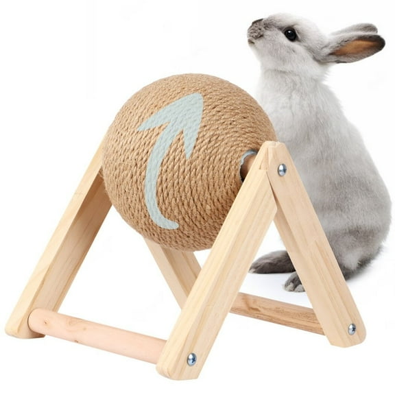 Bunny Scratch Ball, Spinning Rabbit Scratching Toy, Anti-Scratch Natural Sisal Scratch Ball with Stable Wood Base, Interactive Pet Scratcher Toy for Rabbits, Cats, Chinchillas
