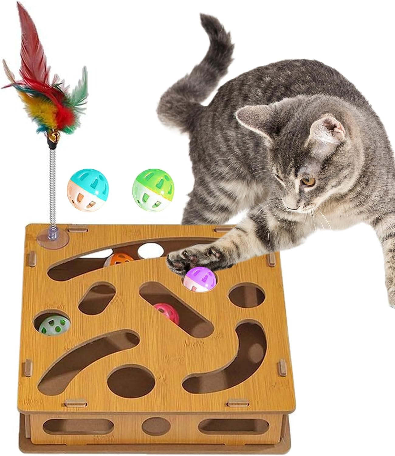 Cat Scratch Board with Bell, Interactive Wooden Toy for Indoor Cats