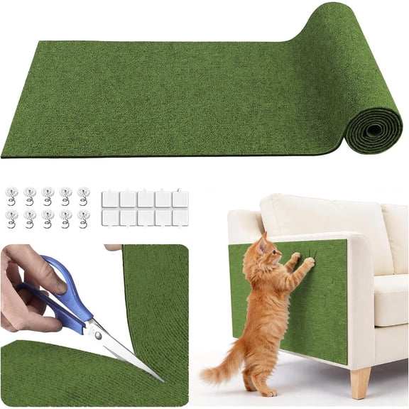 Cat Scratch Furniture Protector, 23.6"x11.8" Trimmable Self-Adhesive Cat Scratching Mat, Corner Couch Protector from Cat Claws, DIY Anti-Scratch Pad Rug for Sofa, Wall, Floor & Door, Green