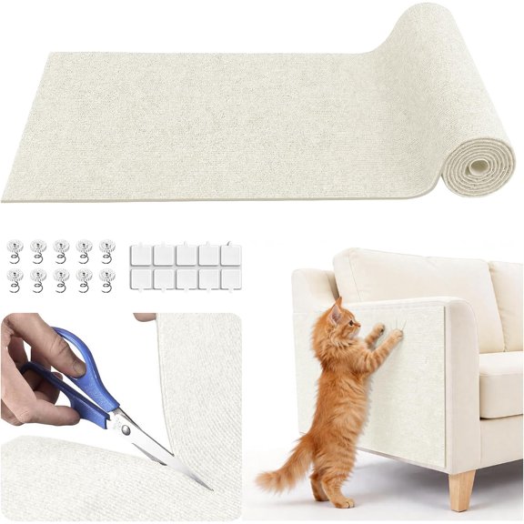 Cat Scratch Furniture Protector, 78.7"x15.7" Trimmable Self-Adhesive Cat Scratching Mat, Corner Couch Protector from Cat Claws, DIY Anti-Scratch Pad Rug for Sofa, Wall, Floor & Door, White