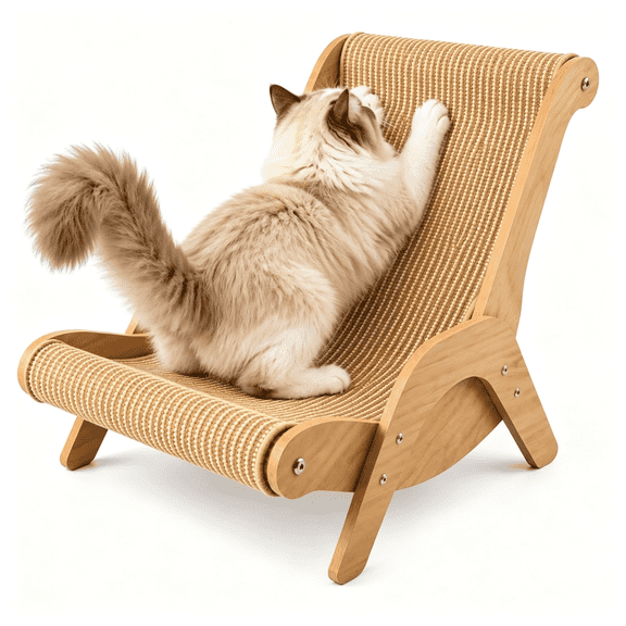 Cat Scratch Lounger Chair, Durable Wooden Bed (Max 20lbs), Modern Side Table with Comfortable Resting Space and Scratcher for Indoor Felines