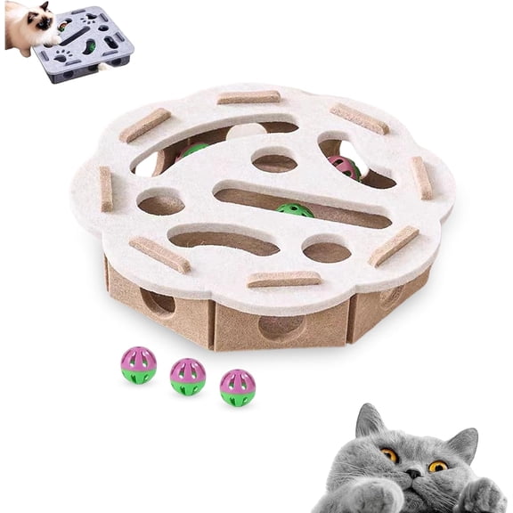Cat Scratch Puzzle Enrichment Box, Cat Nail File Enrichment Box, Felt Cats Toy Maze Boxes, Interactive Puzzle Toy for Indoor Cats and Kittens Self Play Exercise & Hunting (Beige,Round)