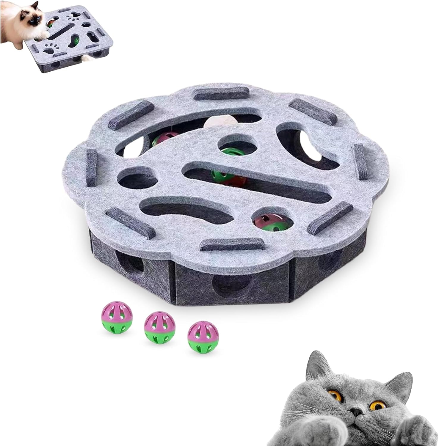 Puzzle Grattoir Interactif Pour Chat - Felt Labyrinthe Avec 3 Balles à Grelot - Gris, 30x30x7,5 Cm - Stimule Instinct De Chasse
