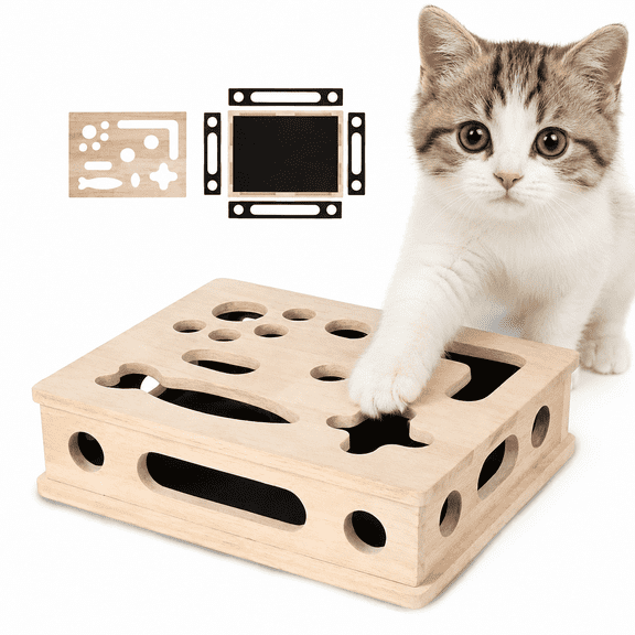 Cat Scratch Puzzle Enrichment Box, Smooth Solid Wood Cat Nail File Enrichment Box with Built-in Sandpaper, Cat Nail File Box Stress Free Alternative to Clippers & Grinders(No Bell Ball)