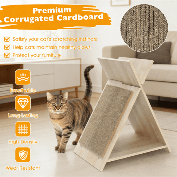 Cat Scratcher 21In Multi-Functional Corrugated Cardboard Tunnel Wooden Lounge Scratching Surface Triangular Frame Engineered Wood X Shape Indoor Pet Furniture Slot In Assembly Natural Durable Wood