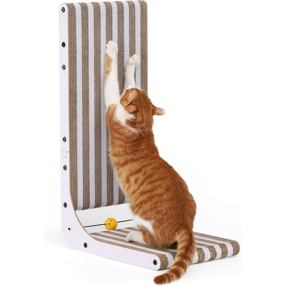 Cat Scratcher, 26.8 Inch L Shape Cat Scratch Pad, Strip Pattern Cats Scratching Post Wall Mounted, Cardboard Cats Scratcher with Ball Toy for Indoor Kitty, Fun Playing Box Included, L