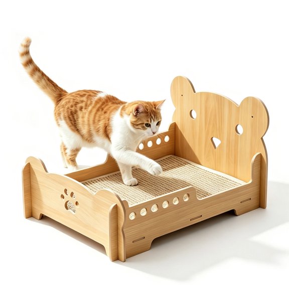 Cat Scratcher Bed for Indoor Cats, Bear Shape Wooden Lounge Bed with Replaceable Sisal Scratching Mat