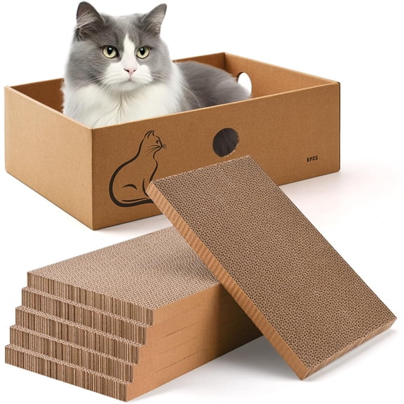 Cat Scratcher Box with 6PCS Cat Scratching Board, Cardboard Cat Scratchers for Indoor Cats, Reversible Cat Scratch Pads for Small Medium Kittens, 14.6" L x 10.9" W x 5.2" H