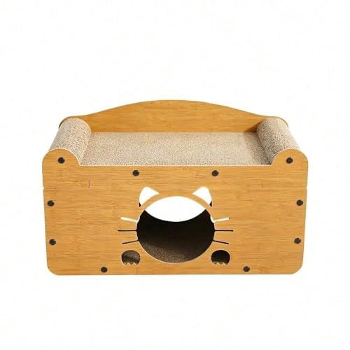 Cat Scratcher House, 2 in 1 Cat Bed and Cave, Wooden Scratching Board for Kittens and Adult Cats