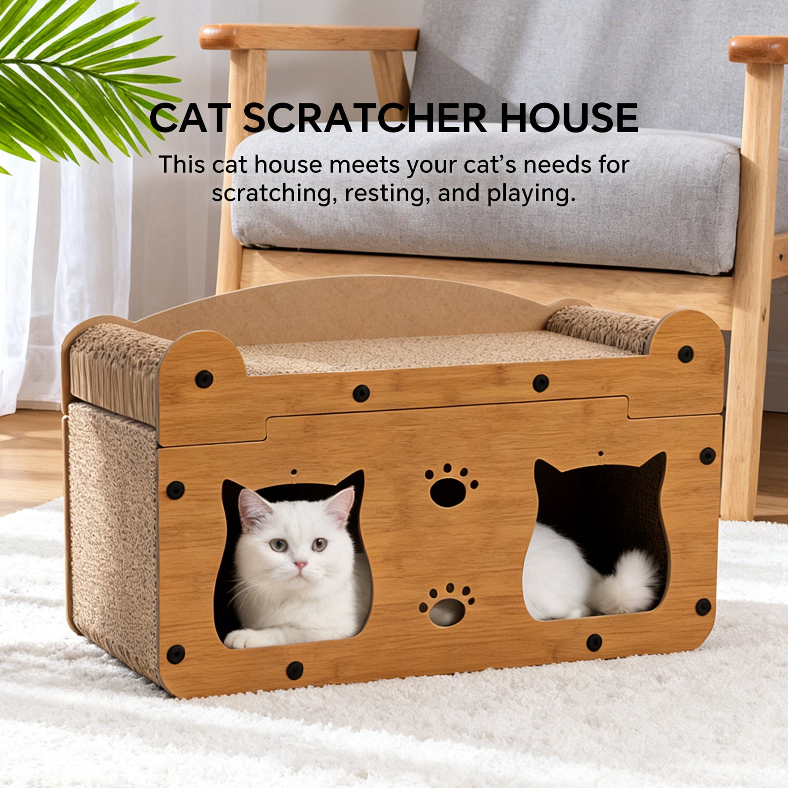 Cat Scratcher House, 2 in 1 Cat Bed and Cave with Hanging Ball Toys, Wooden Scratching Board for Kittens and Adult Cats