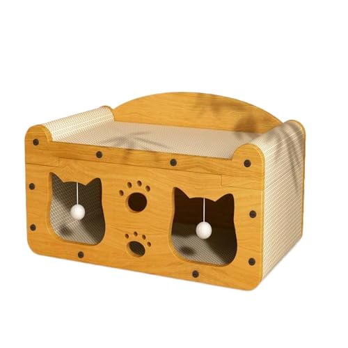 Cat Scratcher House, 2 in 1 Cat Bed and Cave with Hanging Ball Toys, Wooden Scratching Board for Kittens and Adult Cats