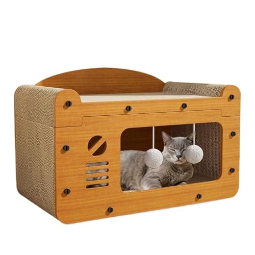 Cat Scratcher House, 2 in 1 Cat Bed and Cave with Hanging Ball Toys, Wooden Scratching Board for Kittens and Adult Cats