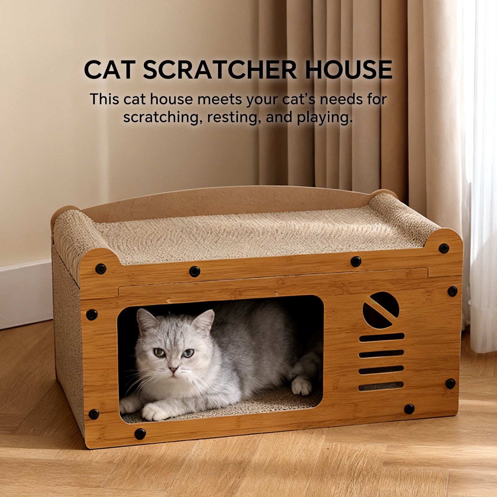 Cat Scratcher House, 2 in 1 Cat Bed and Cave with Hanging Ball Toys, Wooden Scratching Board for Kittens and Adult Cats