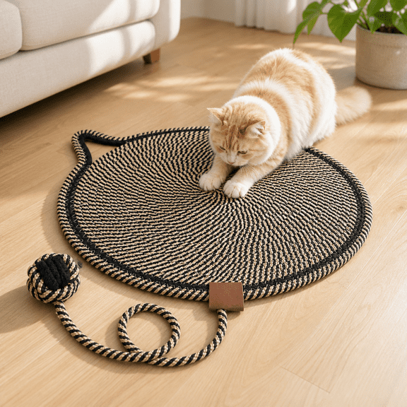 Cat Scratcher Mat with Ball Toy, Woven Cotton Rope Scratch Pad, Furniture Protector for Indoor Cats, Wall or Floor Use, 15.7 in Round, Black