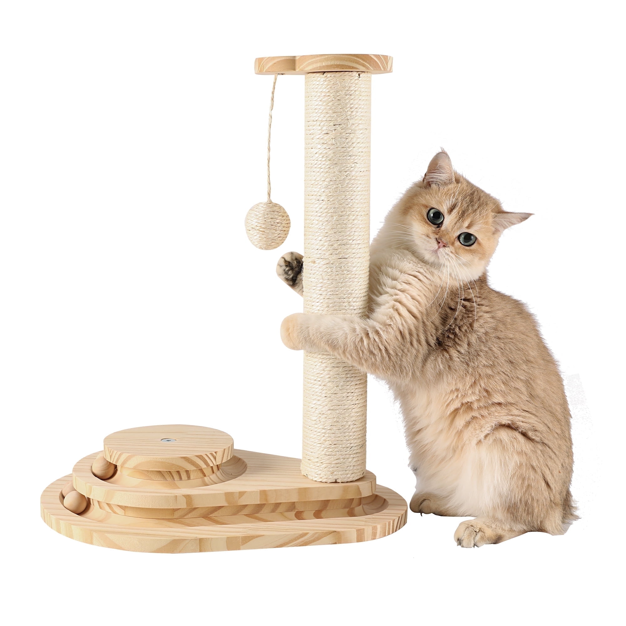 Cat Scratcher, Scratching Post for Indoor Cats with Stable Widen Base, 18.9" Tall Wood Ball Toy with 2-Level Track for Small Kittens, Natural Sisal Rope and Ball for Fun