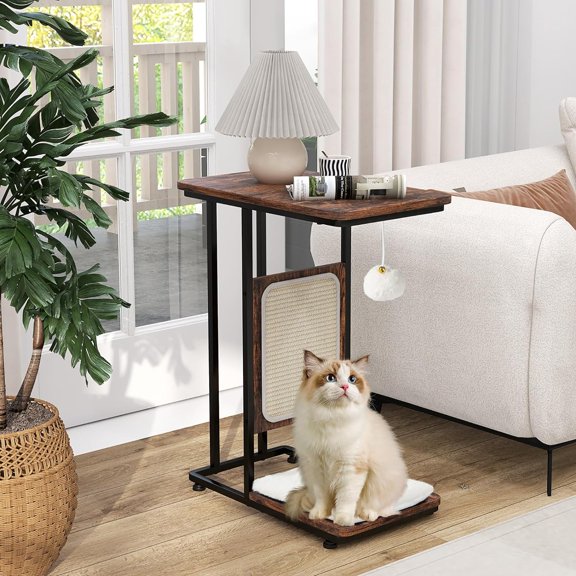 Cat Scratcher Side Table, C-Shaped End Table with Cat Scratching Board, Washable Cushion, Jingling Ball, Metal Frame, Couch Table Cat Tree Tower for Living Room Bedroom, Rustic Brown