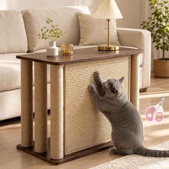 Cat Scratcher Side Table for Couch, Cat Scratcher End Table with Sofa Corner Protector, Natural Sisal Scratching Posts & Panel, Heavy-Duty Base （Right side）