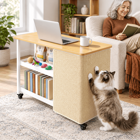 Cat Scratcher Side Table For Couch 2-in-1 L-shaped Sturdy Wood Protector From Claws With Replaceable Sisal Scratch Mat Lockable W