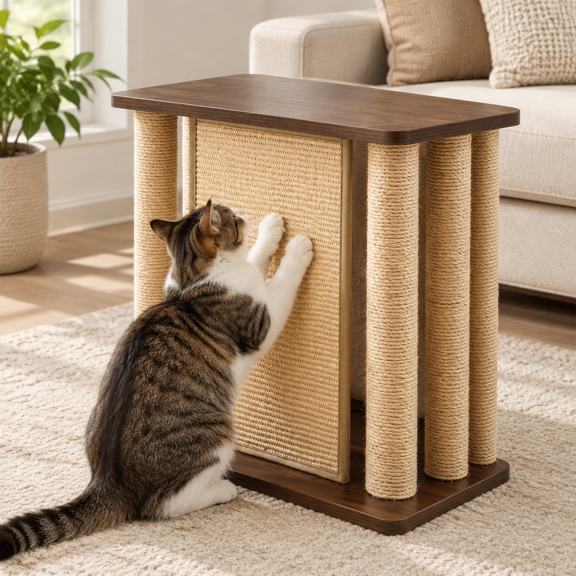 Cat Scratcher Side Table with Sisal Panel for Couch, Black Walnut Finish