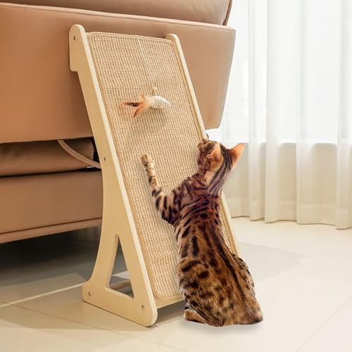 Cat Scratcher, Sisal Cat Scratching Ramp, L Shape Scratch Pad for Indoor Kitty, 27" Wall Furniture Protector with Mouse Toy
