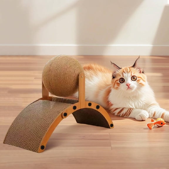 Cat Scratcher Toy, Natural Sisal Cat Scratching Cardboard Pad and Scratcher Ball, 2-in-1Pet Enrichment Interactive Toy, Spinning Cat Ball Toy for Indoor Bunnies Ferrets Chinchillas (A)