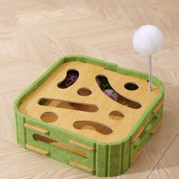 Cat Scratcher Toy Square with Interactive Balls, Felt and Sisal Play Board, Green/Yellow, Green, Yellow