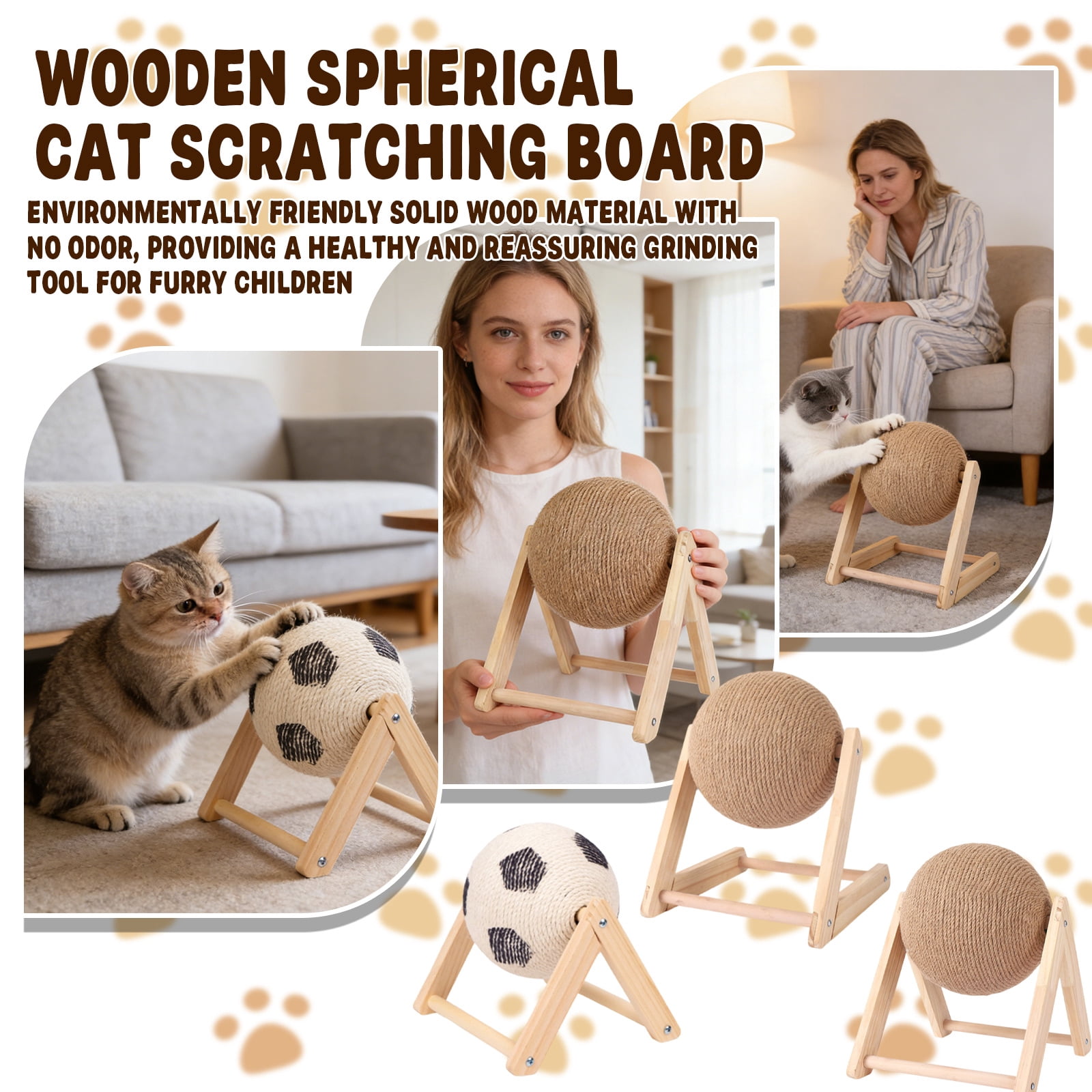 Cat Scratcher with Ball Natural Sisal Scratcher Solid Wood Interactive Toy for Indoor Cats & Kittens,D