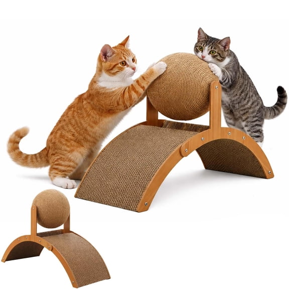 Cat Scratcher with Ball on Stand, 2-in-1 Cat Bridge & Scratching Board, 360° Rotating Natural Sisal Ball Toy for Indoor Cats