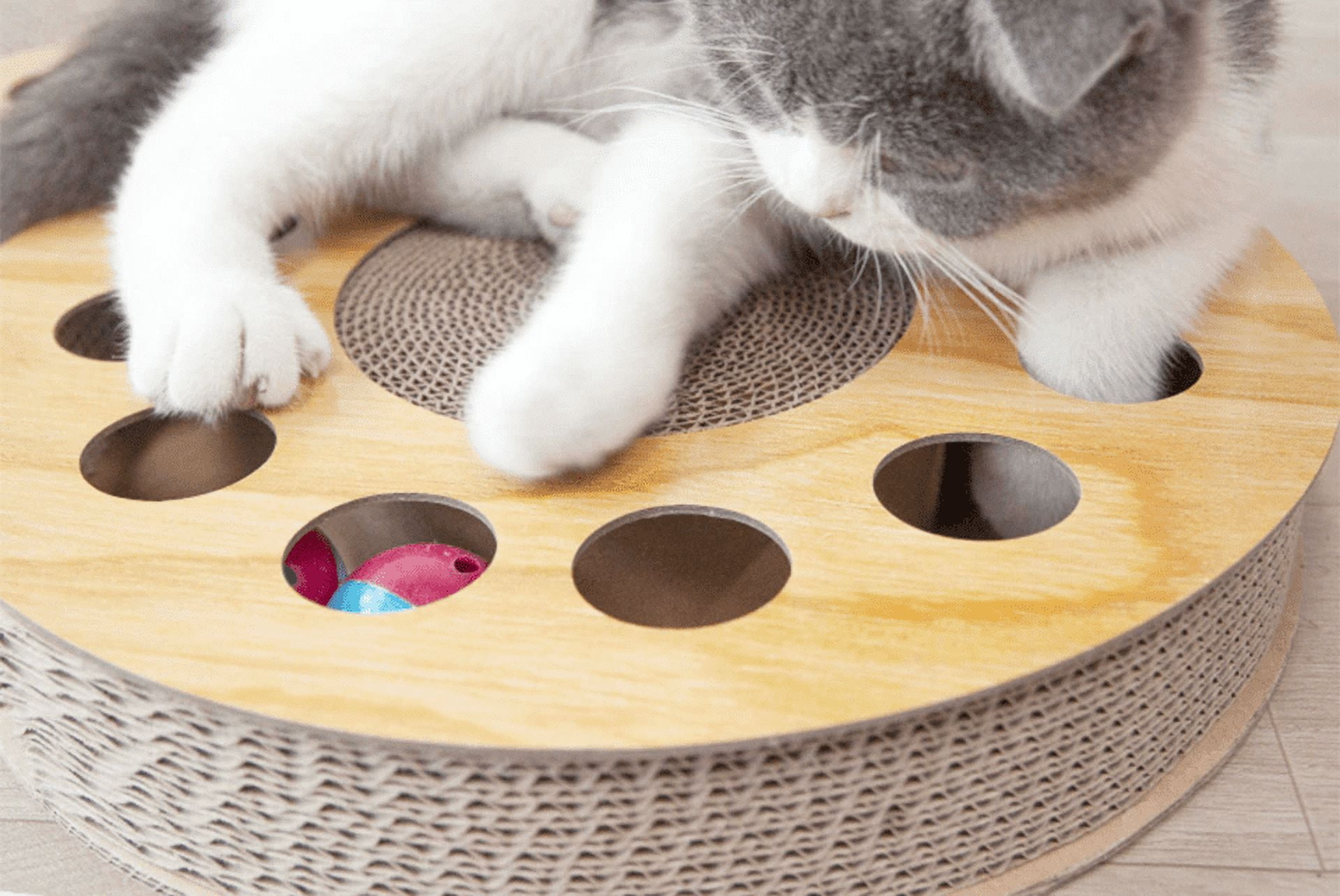 Round Tan Cardboard Cat Scratcher with Toy Balls