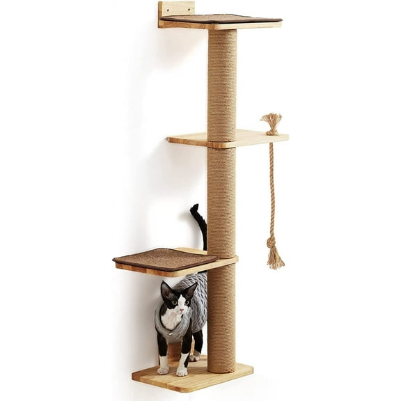 Cat Scratching Activity Tree Wall Mounted, 50 Inch Cats Scratch Post, with Kitten Bed, Rubber Wood Scratcher Posts, Large