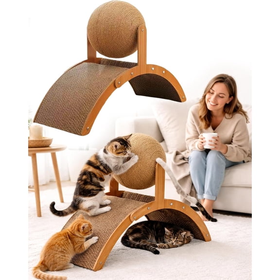 Cat Scratching Ball On Stand, Sisal Rope, Solid Wood Inclined Scraper Board To Stop Furniture Scratching, Spring-Powered Prey Action Interactive Cat
