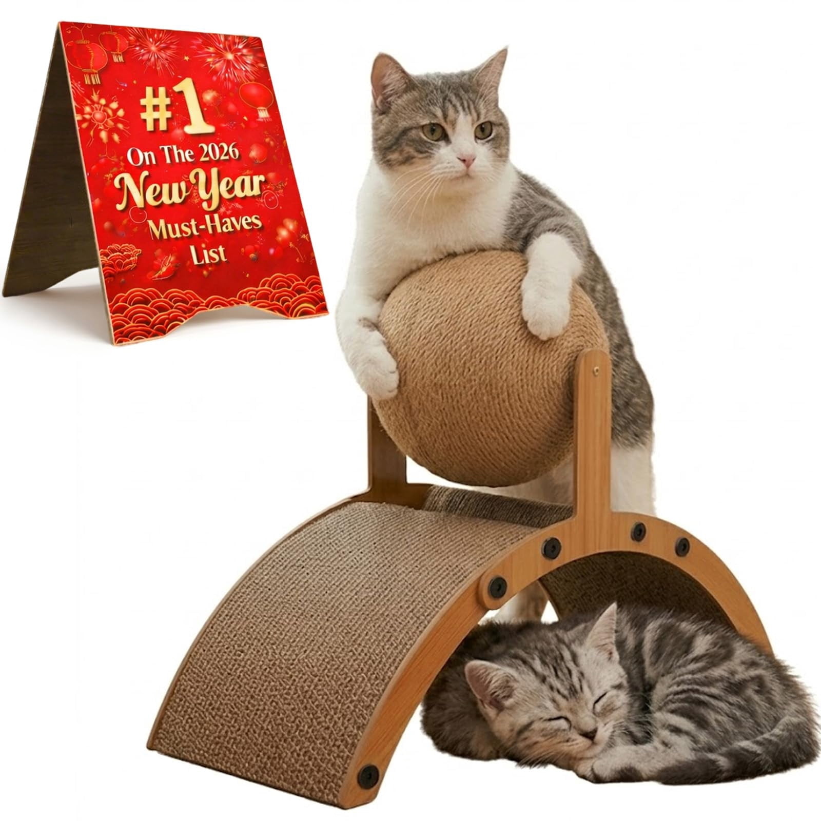 Cat Scratching Ball on Stand 2-in-1 Wood Cat Scratcher with Interactive Arch Bridge and Spinning Scratching Orb Indoor Cats Scratch Pad Furniture Protector