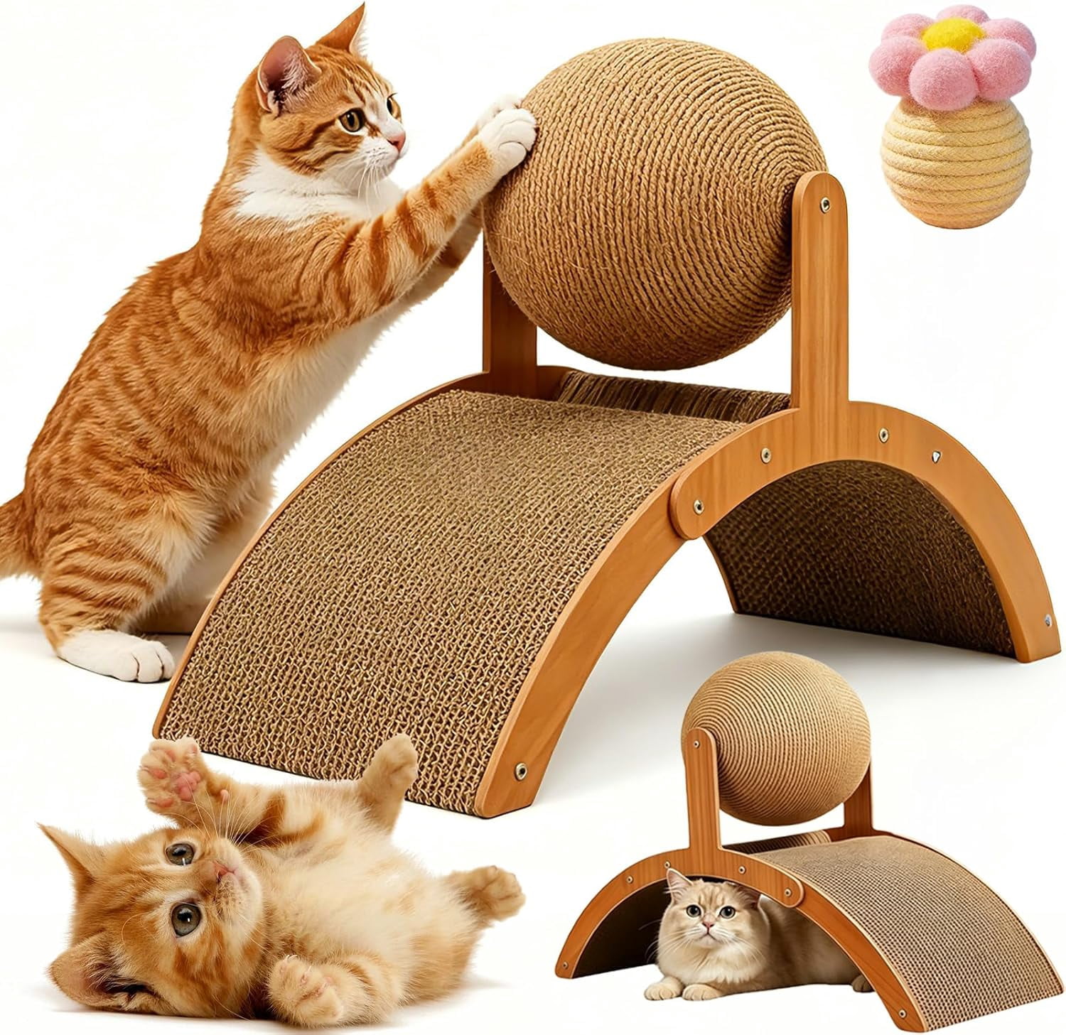 Cat Scratching Ball on Stand, 2026 Upgrade Wobble Ball Cat Scratcher with 360° Rotating Sisal Ball, Interactive Cats Arch Scratcher Toy for Indoor Cats, Wear-Resistant Protects Furniture & Rugs (S)
