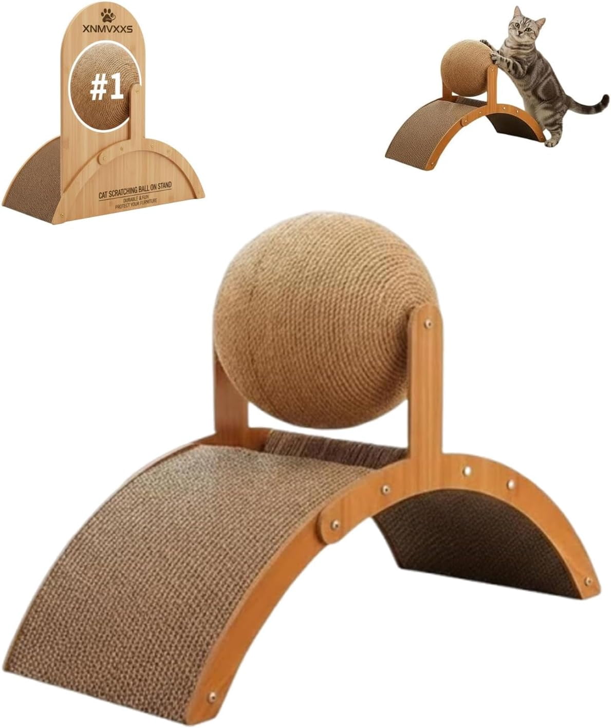 Cat Scratching Ball with Stand, 360° Rotating Sisal Ball Interactive Cat Scratcher, Arch Bridge Design Cat Scratching Post for Indoor Cats, Furniture Protector for Cats(L)