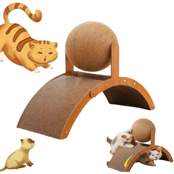 Cat Scratching Ball on Stand, Cat Scratcher, Arch Bridge and Ball Cat Scratcher, Solid Wood Slanted Cat Scratching Board Design, 2-in-1 Interactive Cat Scratcher Toy with Arch Bridge (S)