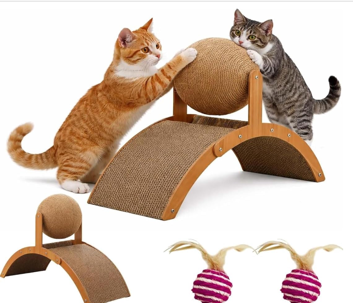 Cat Scratching Ball On Stand, Interactive Cat Scratcher with 360° Rotating Sisal Ball, Cat Scratching Post with Arch Bridge Balls, Cat Scratcher Board for Indoor, Protects Furniture & Rugs