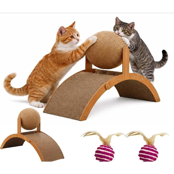 Cat Scratching Ball On Stand, Interactive Cat Scratcher with 360 Rotating Sisal Ball, Cat Scratching Post with Arch Bridge Balls, Cat Scratcher Board for Indoor, Protects Furniture & Rugs