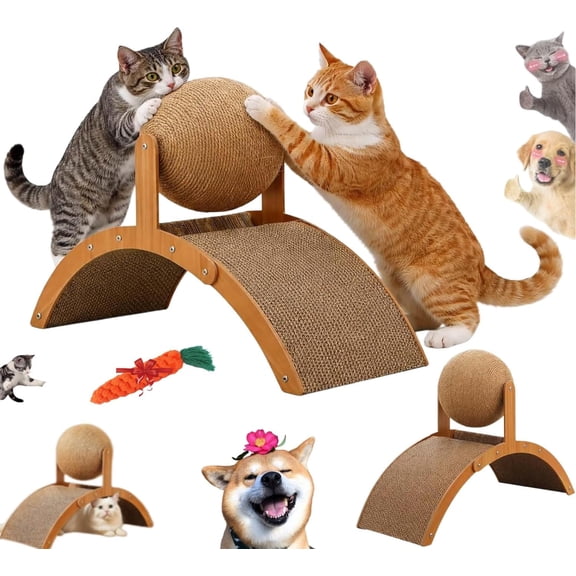 Cat Scratching Ball On Stand, Interactive Cat Scratcher with 360° Rotating Sisal Ball, Solid Wood Slanted Cat Scratching Board Design, Protects Furniture & Rugs (S-14 * 6 * 10in)