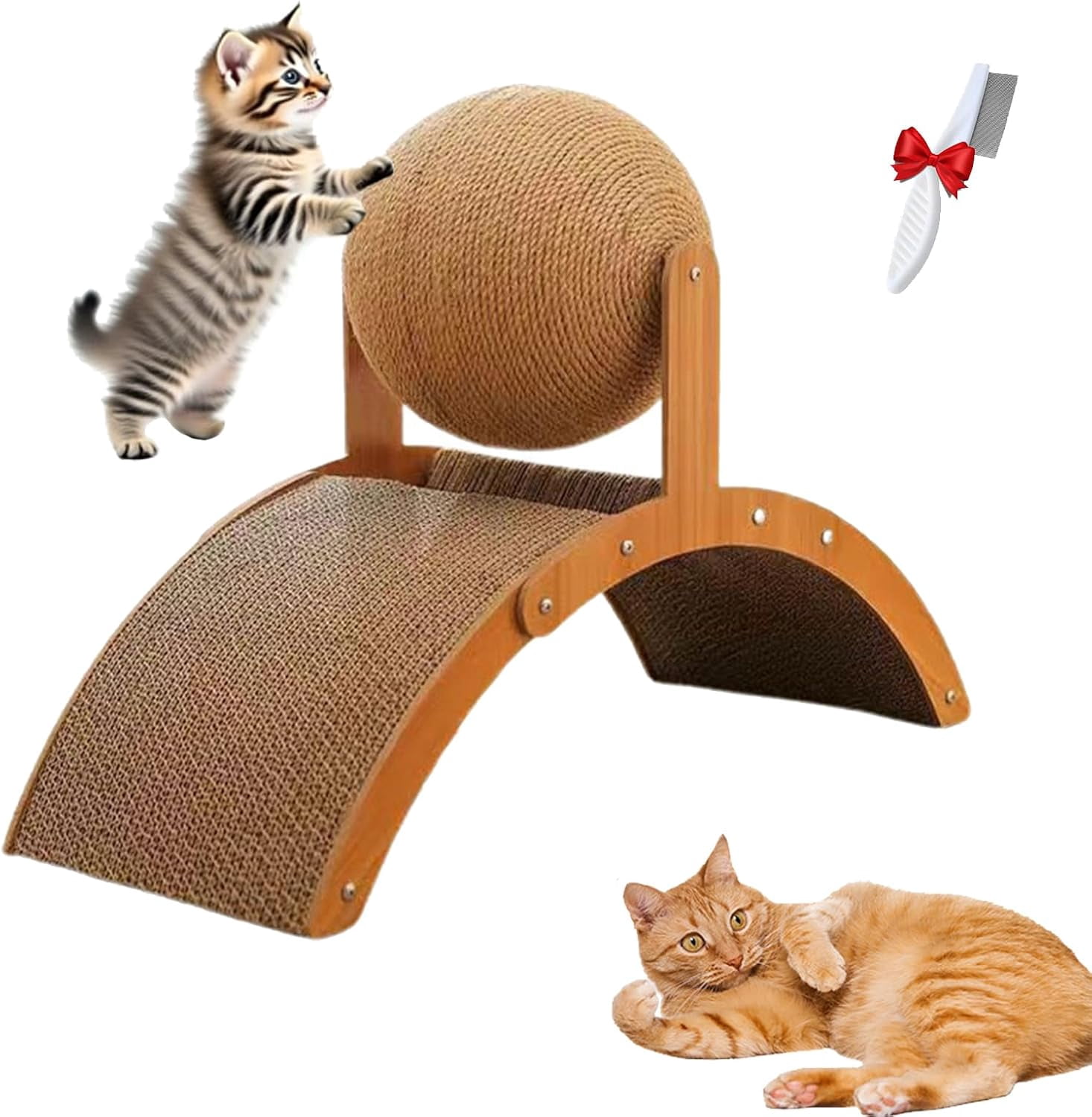 Cat Scratching Ball on Stand - Solid Wood Interactive Cat Scratcher with 360° Rotating Natural Sisal Ball, 2-in-1 Wooden Durable Paw Grinding Toy, for Indoor Cats Kittens (Large)