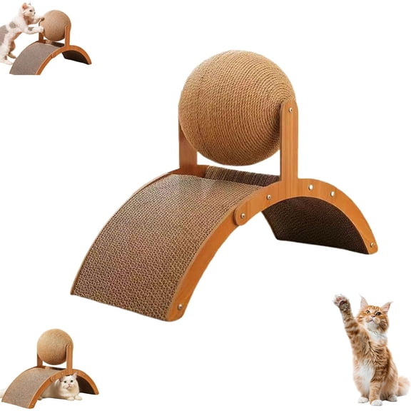 Cat Scratching Ball on Stand - Solid Wood Interactive Cat Scratcher with 360° Rotating Natural Sisal Ball, Wear-Resistant and Scratch-Resistant for Pets Indoor (S)