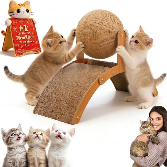 Cat Scratching Ball on Stand, Solid Wood Interactive Cat Scratcher with Arch Bridge and 360° Rotating Ball, Durable Cat Scratching Board for Pets to Relieve Stress, Protects Furniture & Rugs (Small)